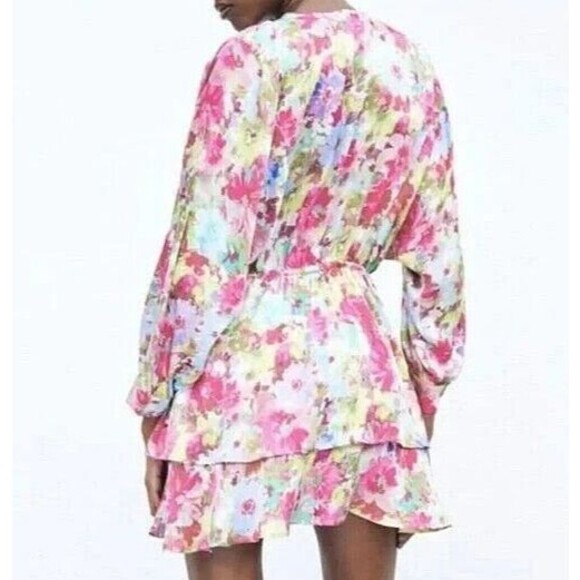Zara Dress Womens S Multicolor Floral Satin Effect Tiered Mini Drawstrings NWT - Picture 6 of 16